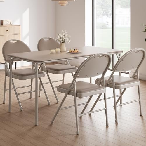 4 - Pack Padded Folding Chairs Metal Frame Beige Indoor Outdoor 88cm H - Kwikley