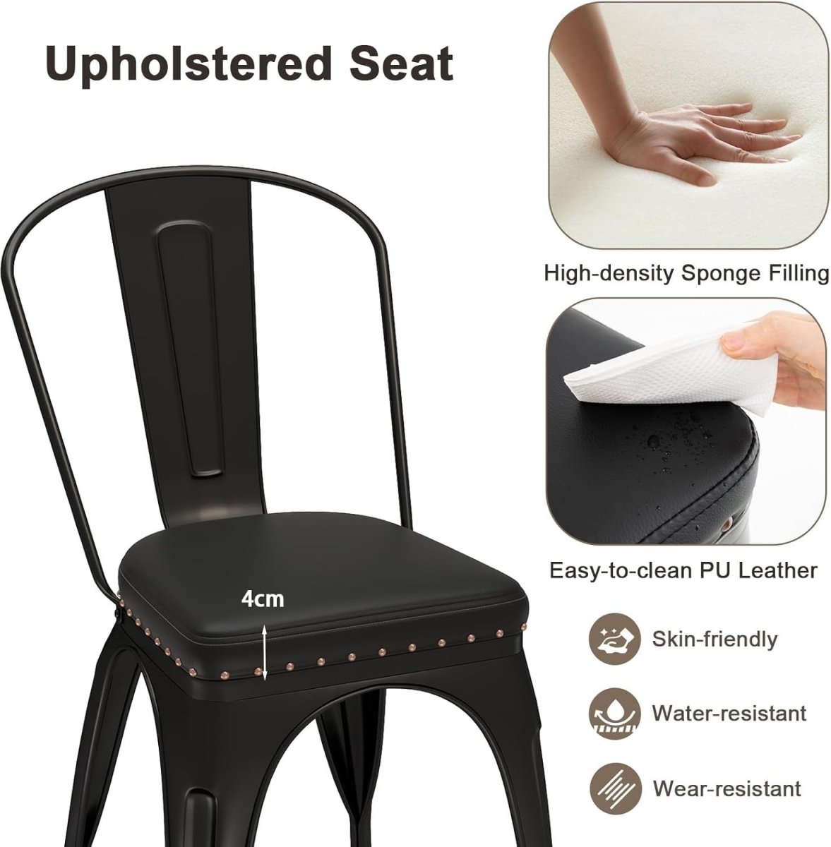 4 Pack PU Leather Stackable Dining Chairs Cushioned Metal Kitchen Seats - Kwikley