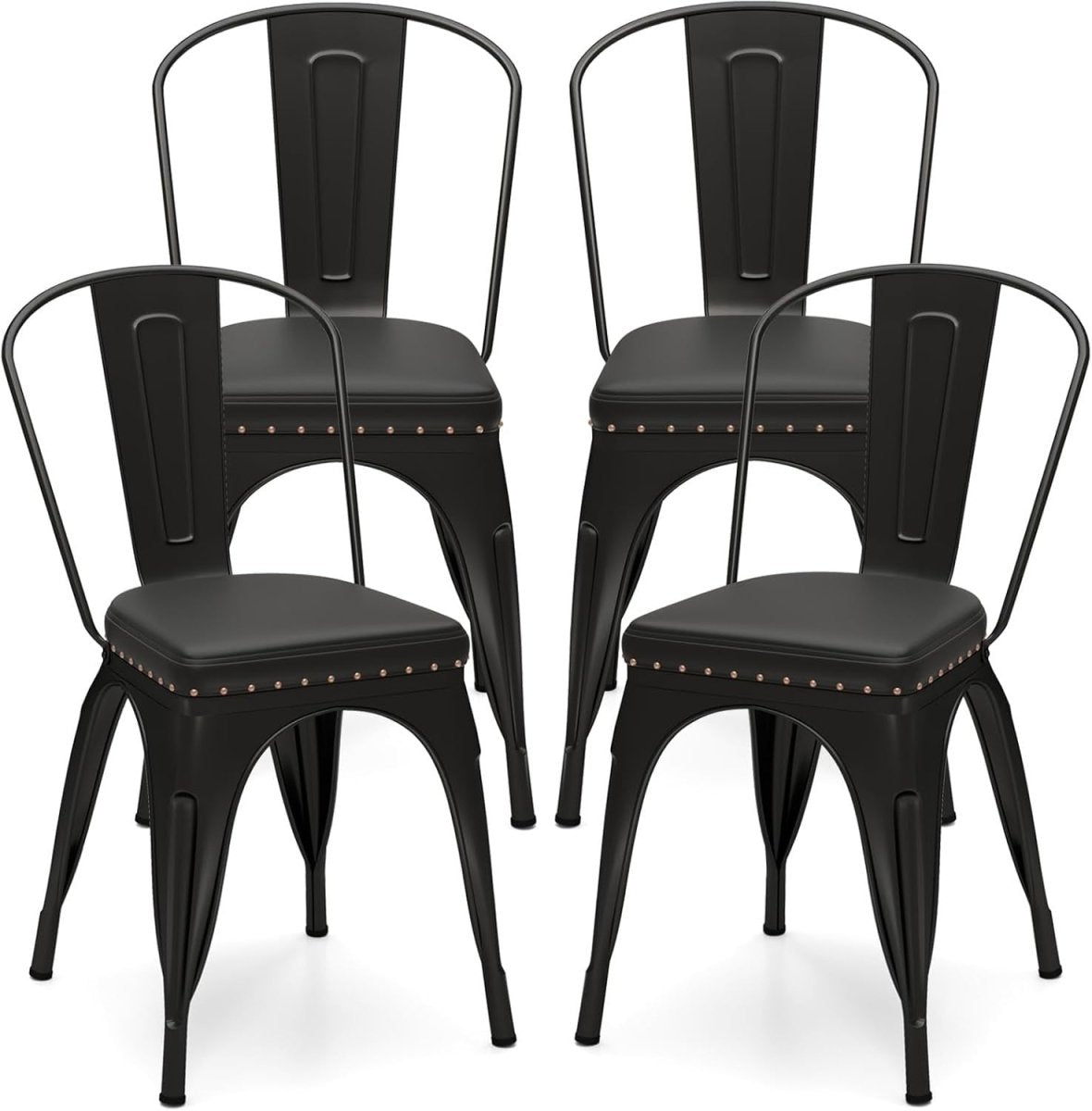 4 Pack PU Leather Stackable Dining Chairs Cushioned Metal Kitchen Seats - Kwikley