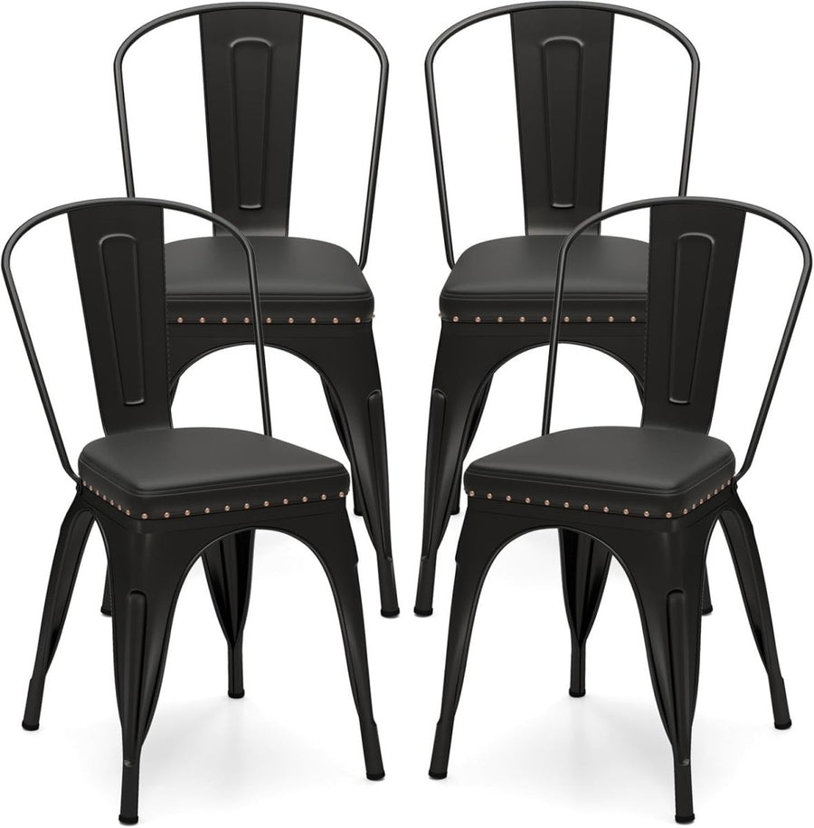 4 Pack PU Leather Stackable Dining Chairs Cushioned Metal Kitchen Seats - Kwikley