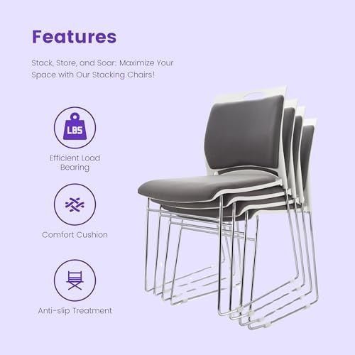 4 Pack Stacking Office Guest Chairs PU Leather Sled Base Reception Gray - Kwikley