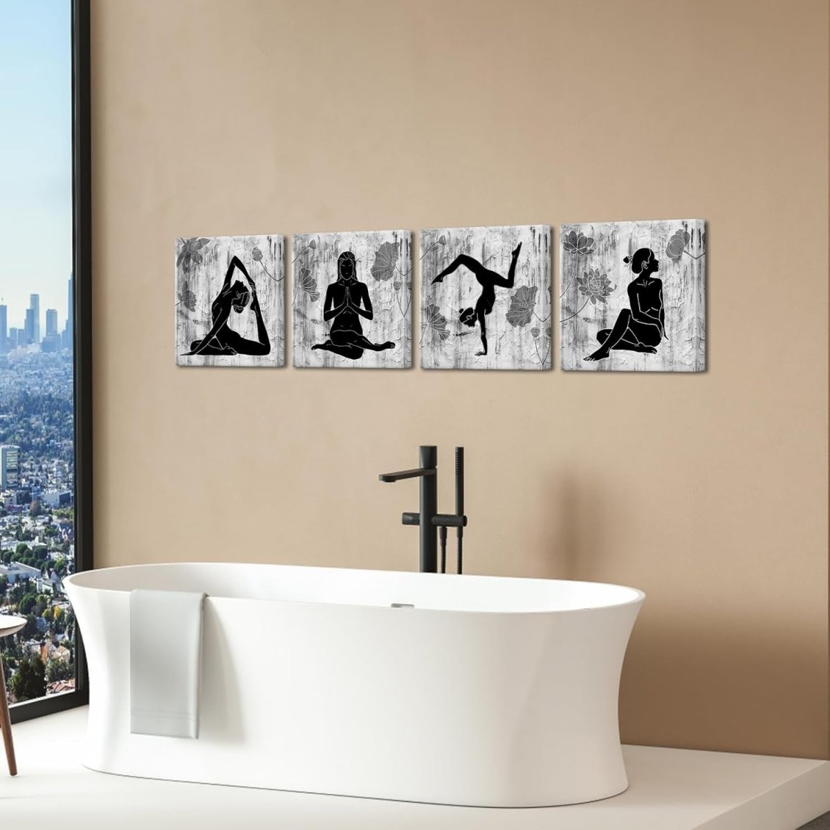 4 - Panel Black & White Yoga Wall Art Canvas Lotus Modern Zen - Kwikley