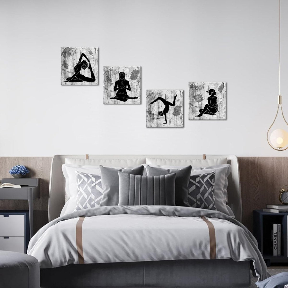 4 - Panel Black & White Yoga Wall Art Canvas Lotus Modern Zen - Kwikley