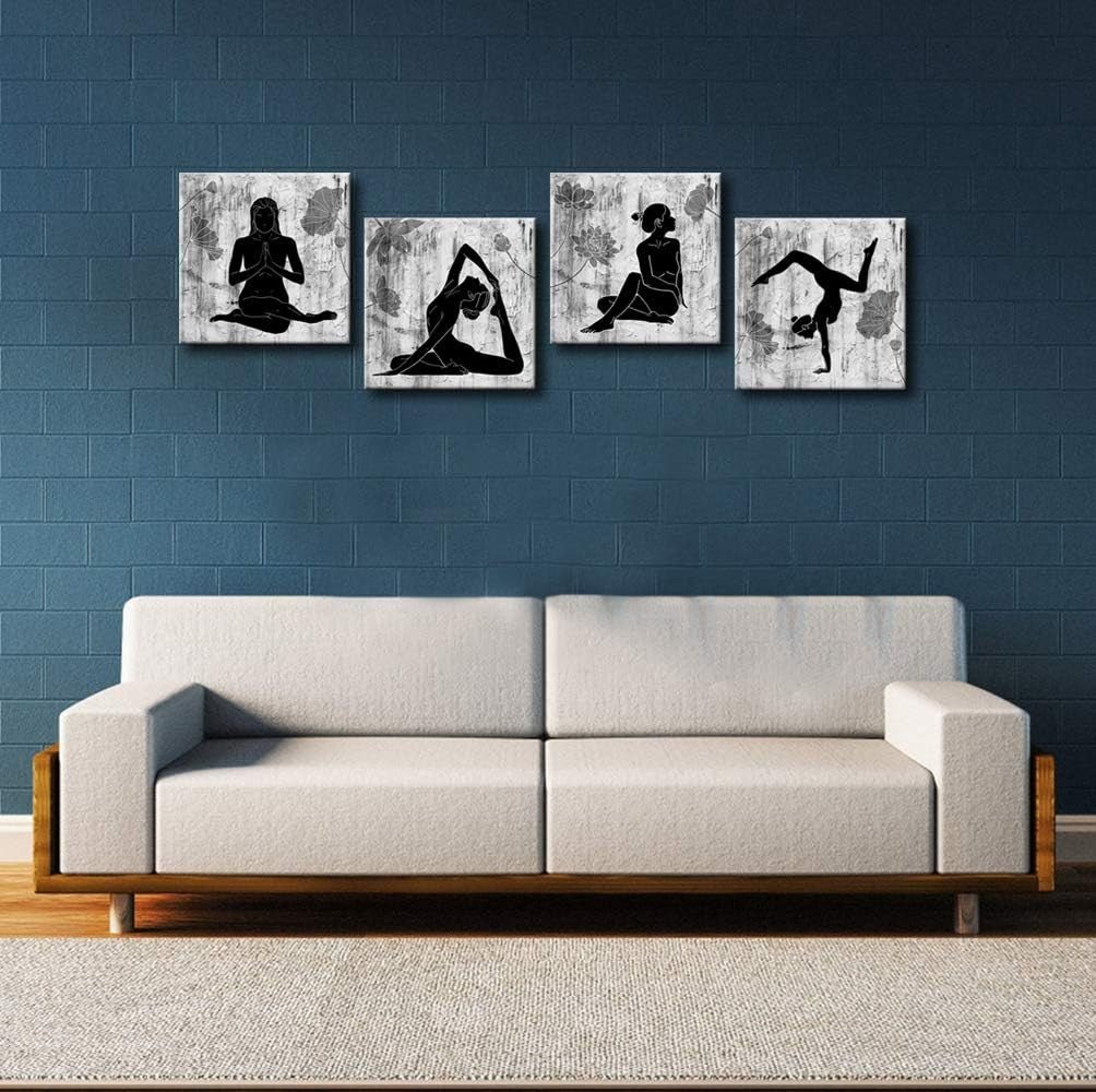 4 - Panel Black & White Yoga Wall Art Canvas Lotus Modern Zen - Kwikley