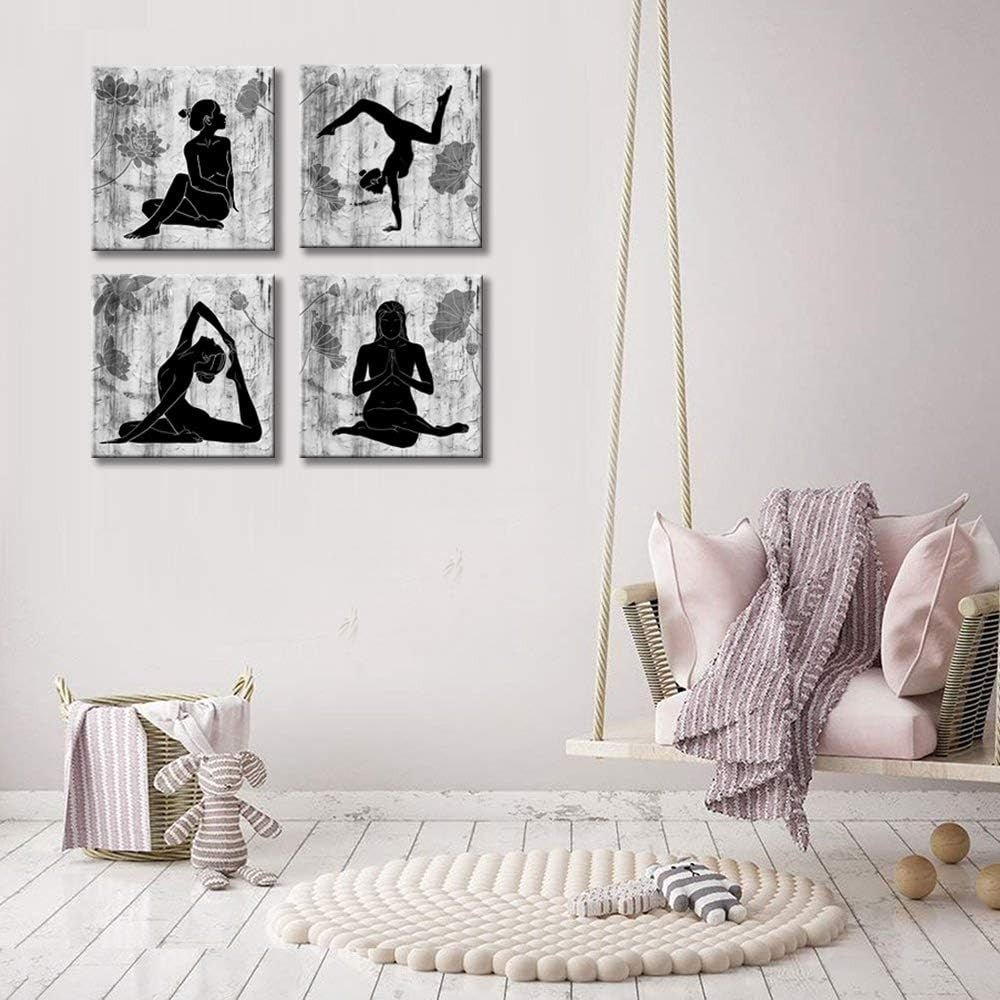 4 - Panel Black & White Yoga Wall Art Canvas Lotus Modern Zen - Kwikley