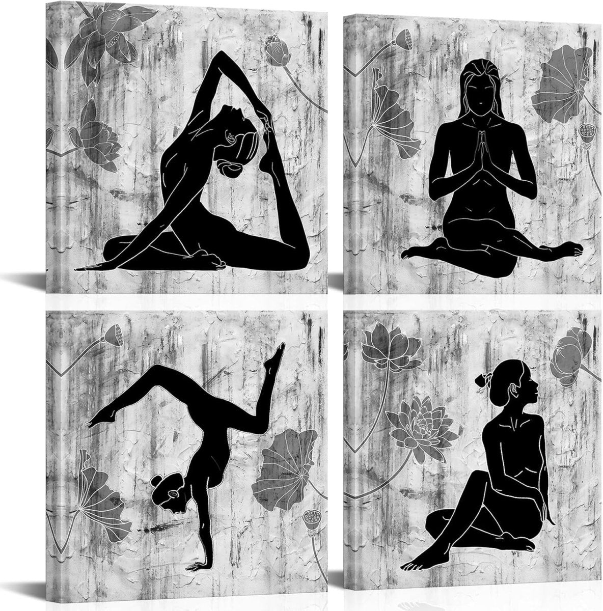 4 - Panel Black & White Yoga Wall Art Canvas Lotus Modern Zen - Kwikley