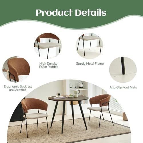 4 - Piece Linen Dining Chairs Set Armrest Metal Frame White Brown - Kwikley