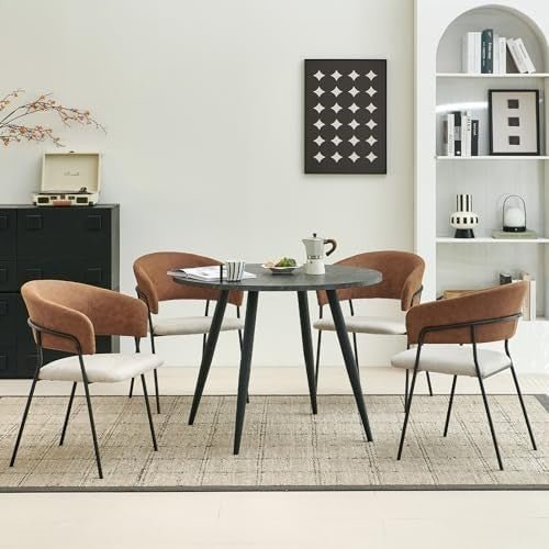 4 - Piece Linen Dining Chairs Set Armrest Metal Frame White Brown - Kwikley