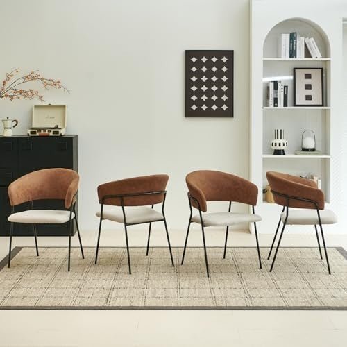 4 - Piece Linen Dining Chairs Set Armrest Metal Frame White Brown - Kwikley