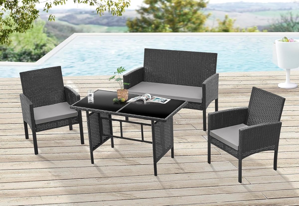 4 Seat Rattan Garden Dining Set Sofa Chairs Glass Table Patio Conservatory - Kwikley