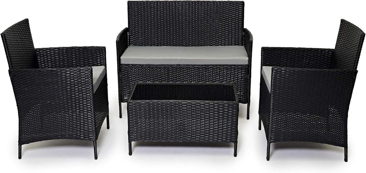 4 Seater Black Rattan Garden Furniture Set Sofa Chairs Glass Coffee Table - Kwikley