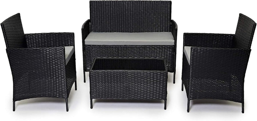 4 Seater Black Rattan Garden Furniture Set Sofa Chairs Glass Coffee Table - Kwikley