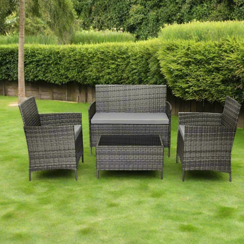 4 Seater Grey Rattan Garden Furniture Set Sofa Chairs Glass Coffee Table - Kwikley