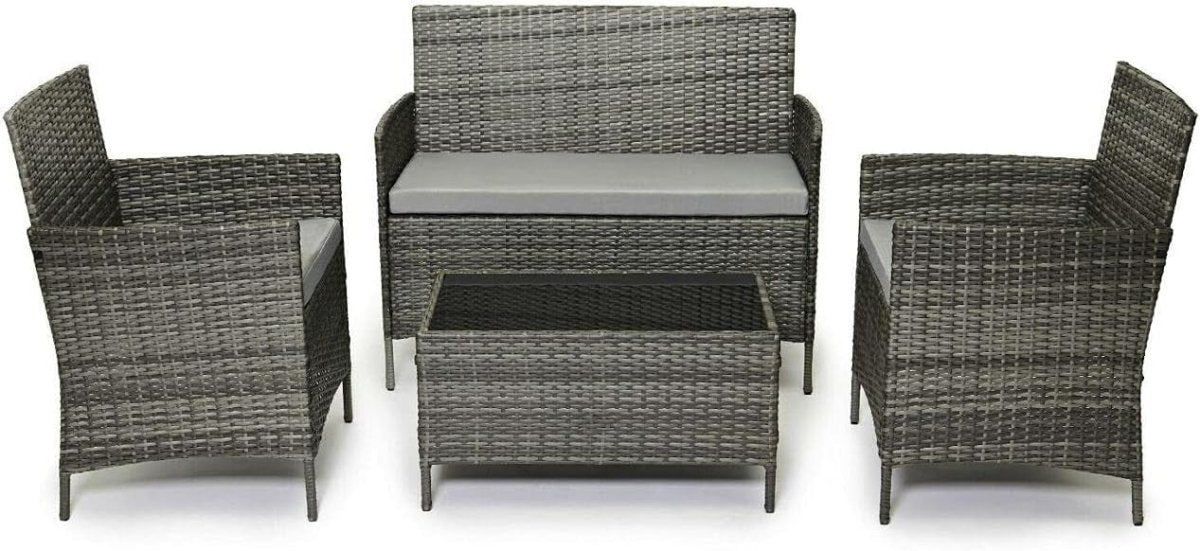 4 Seater Grey Rattan Garden Furniture Set Sofa Chairs Glass Coffee Table - Kwikley