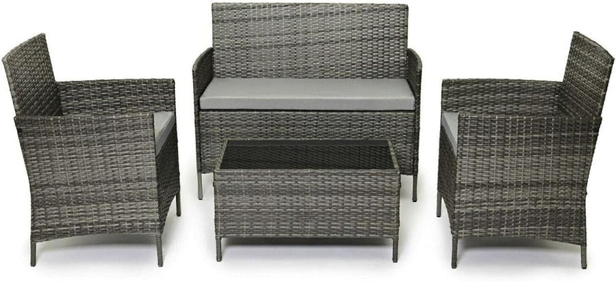 4 Seater Grey Rattan Garden Furniture Set Sofa Chairs Glass Coffee Table - Kwikley