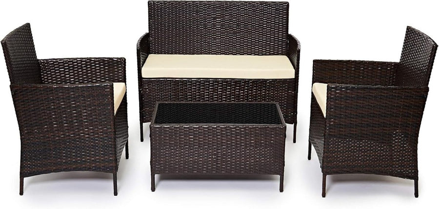 4 Seater Rattan Garden Furniture Set Sofa Chairs Glass Table Patio Brown - Kwikley