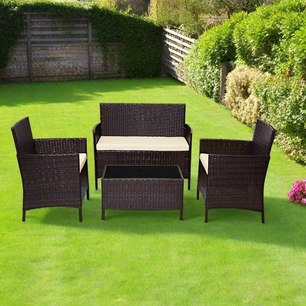 4 Seater Rattan Garden Furniture Set Sofa Chairs Glass Table Patio Brown - Kwikley
