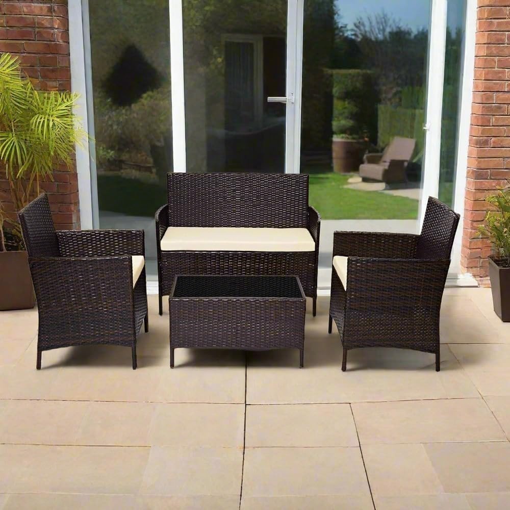 4 Seater Rattan Garden Furniture Set Sofa Chairs Glass Table Patio Brown - Kwikley