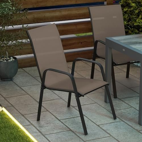 4 Stackable Garden Dining Chairs Mesh Fabric Outdoor Patio Chairs Grey - Kwikley