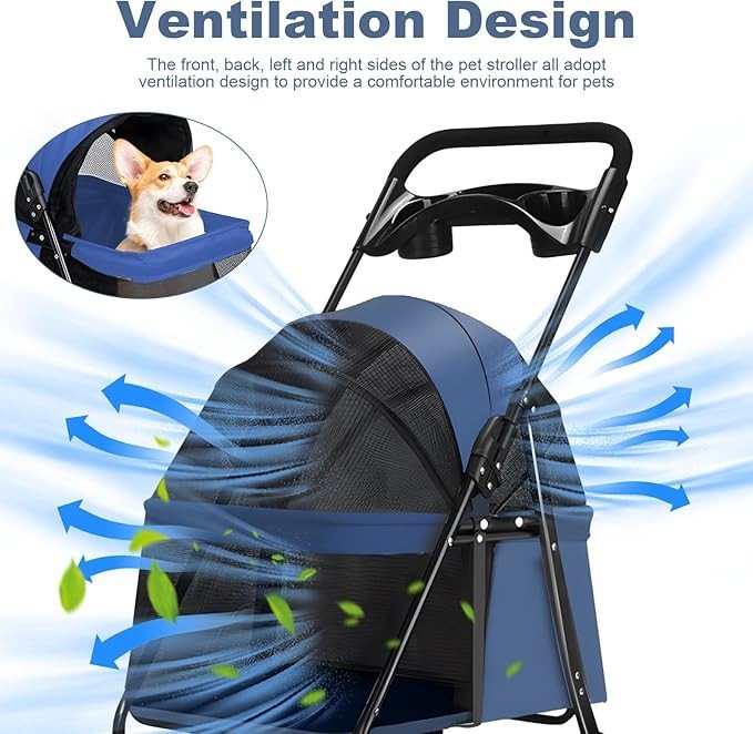 4 Wheel Dog Stroller Folding Pet Pram with Cup Holder Travel - Kwikley