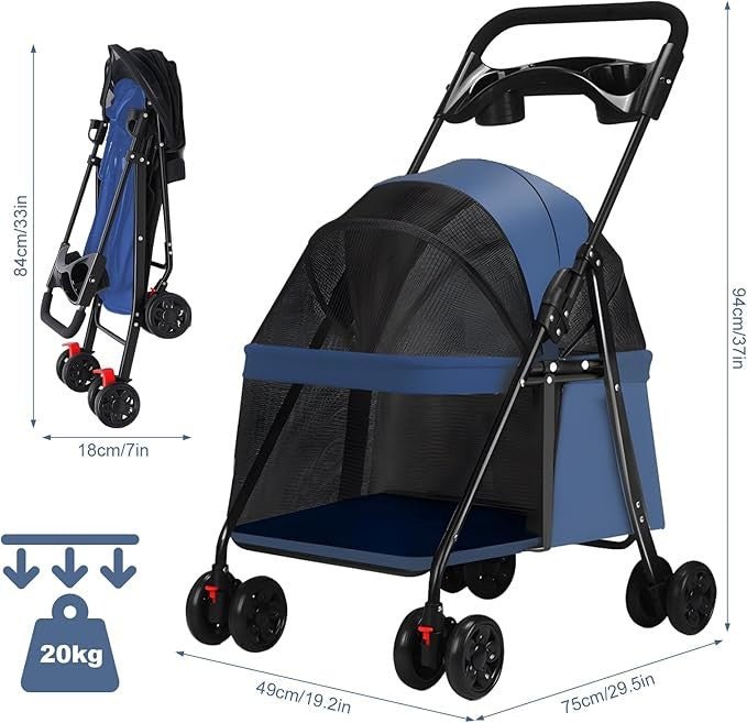 4 Wheel Dog Stroller Folding Pet Pram with Cup Holder Travel - Kwikley
