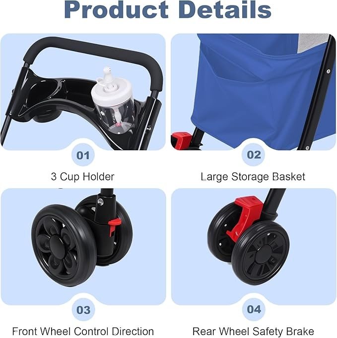 4 Wheel Dog Stroller Folding Pet Pram with Cup Holder Travel - Kwikley