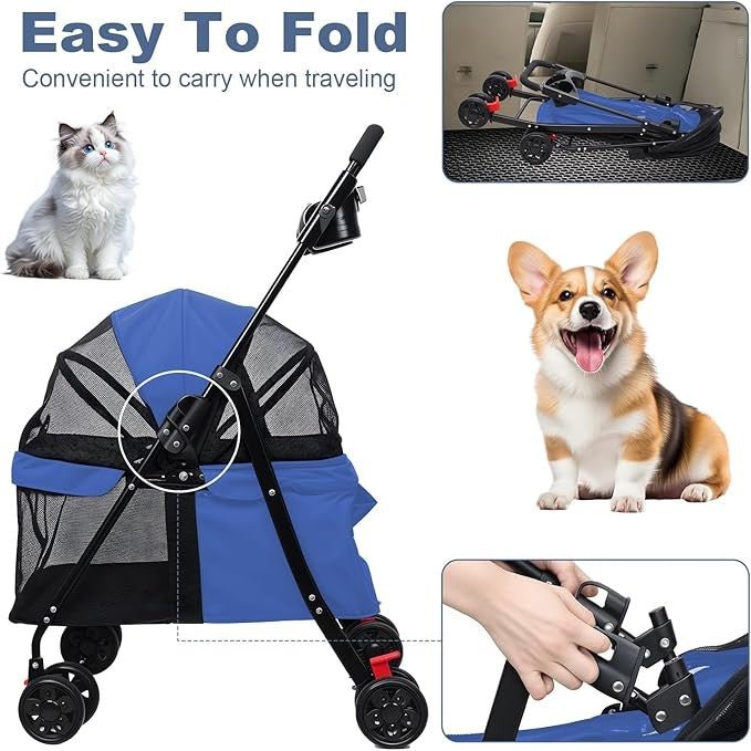 4 Wheel Dog Stroller Folding Pet Pram with Cup Holder Travel - Kwikley
