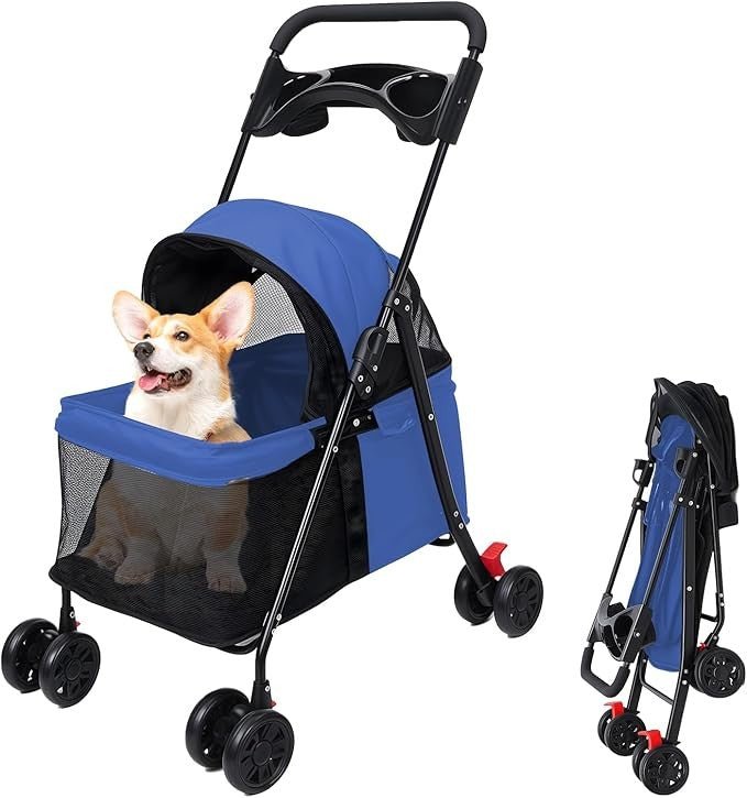 4 Wheel Dog Stroller Folding Pet Pram with Cup Holder Travel - Kwikley