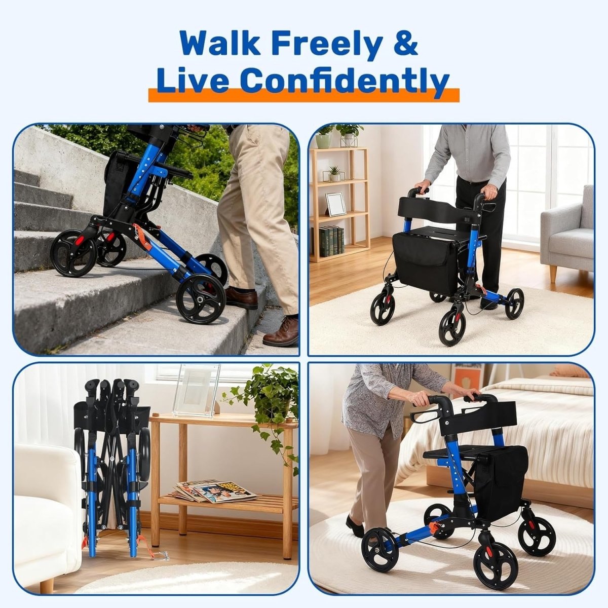 4 Wheel Rollator Walker with Seat Folding Lightweight Adjustable Brakes - Kwikley