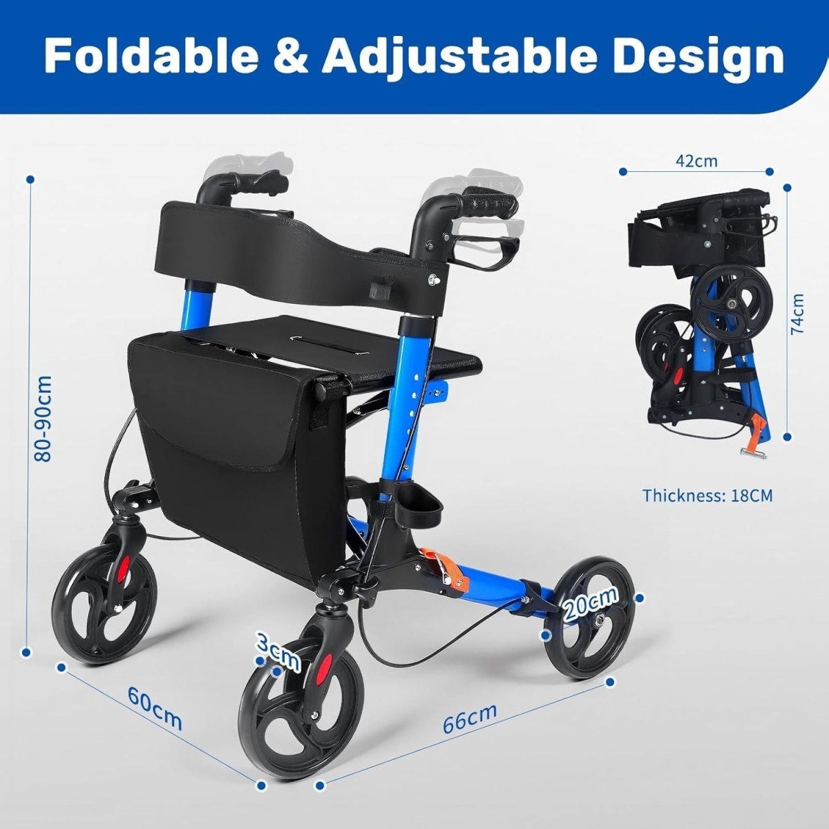 4 Wheel Rollator Walker with Seat Folding Lightweight Adjustable Brakes - Kwikley
