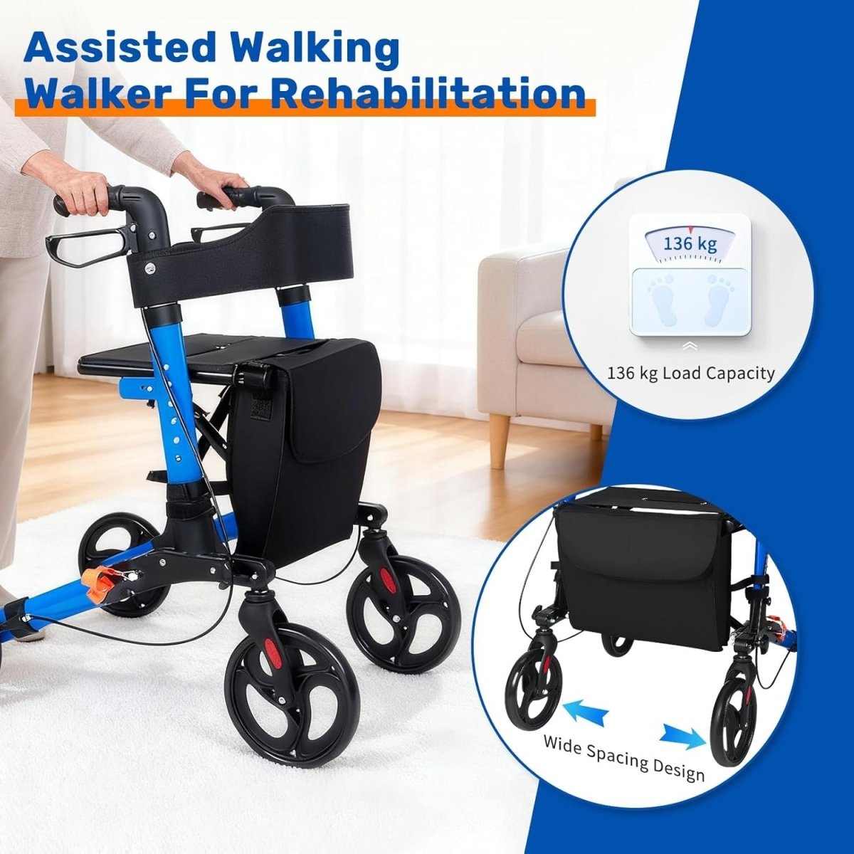 4 Wheel Rollator Walker with Seat Folding Lightweight Adjustable Brakes - Kwikley