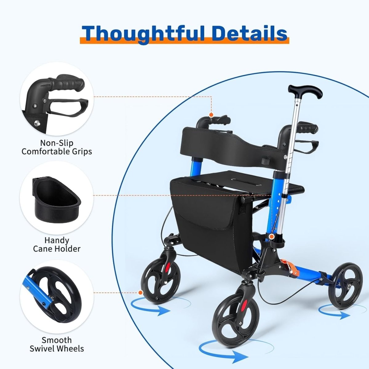 4 Wheel Rollator Walker with Seat Folding Lightweight Adjustable Brakes - Kwikley