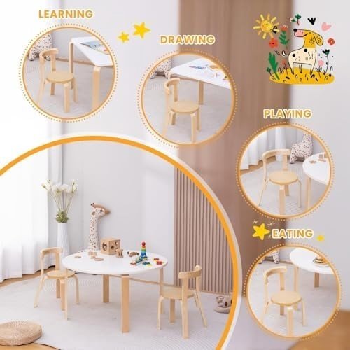 4 Wooden Kids Chairs Stackable Toddler Chairs Playroom Table Seats Natural - Kwikley
