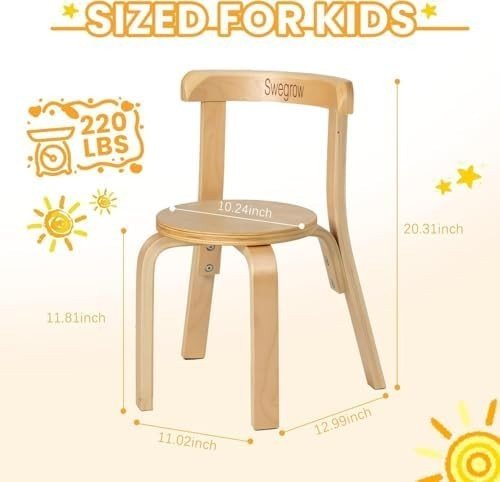 4 Wooden Kids Chairs Stackable Toddler Chairs Playroom Table Seats Natural - Kwikley