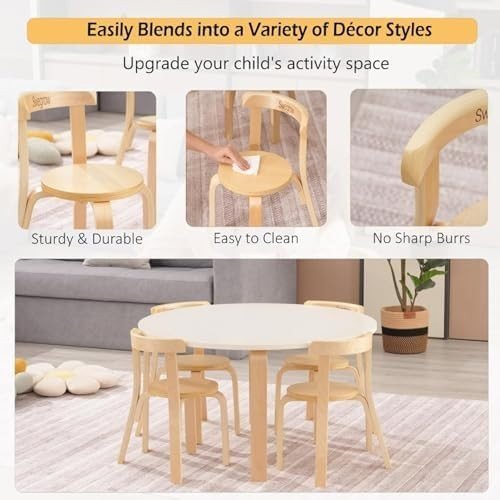 4 Wooden Kids Chairs Stackable Toddler Chairs Playroom Table Seats Natural - Kwikley