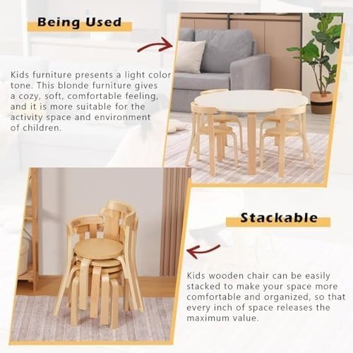 4 Wooden Kids Chairs Stackable Toddler Chairs Playroom Table Seats Natural - Kwikley
