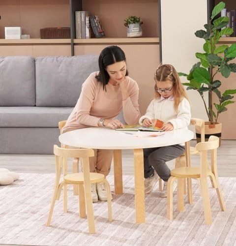 4 Wooden Kids Chairs Stackable Toddler Chairs Playroom Table Seats Natural - Kwikley
