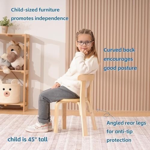 4 Wooden Kids Chairs Stackable Toddler Chairs Playroom Table Seats Natural - Kwikley