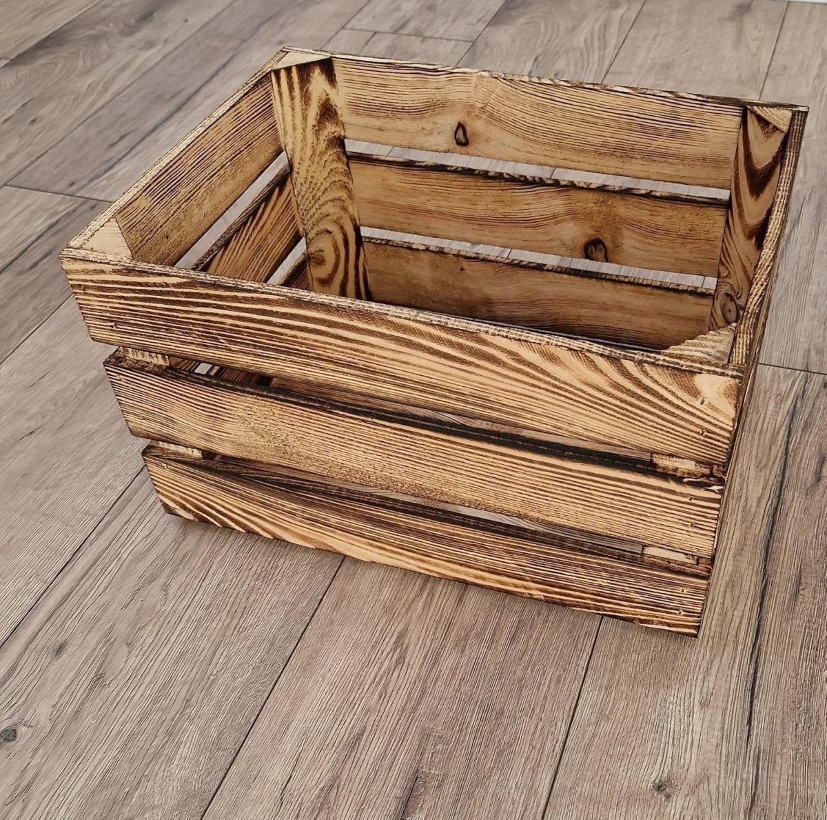 4 x Burnt Effect Wooden Crates 29x23x39cm Rustic Decorative Storage Box - Kwikley