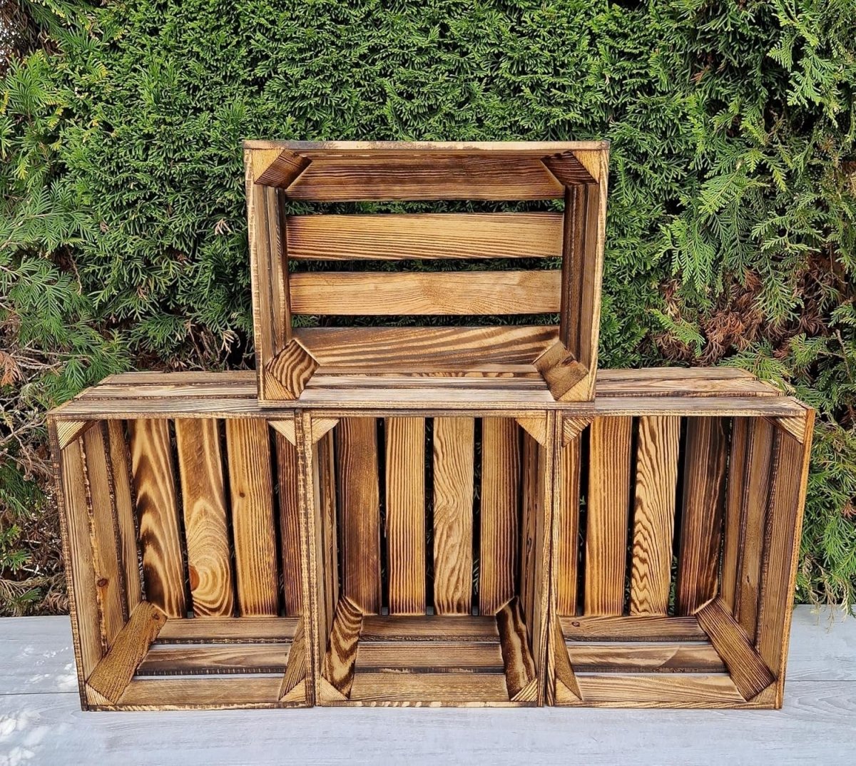 4 x Burnt Effect Wooden Crates 29x23x39cm Rustic Decorative Storage Box - Kwikley
