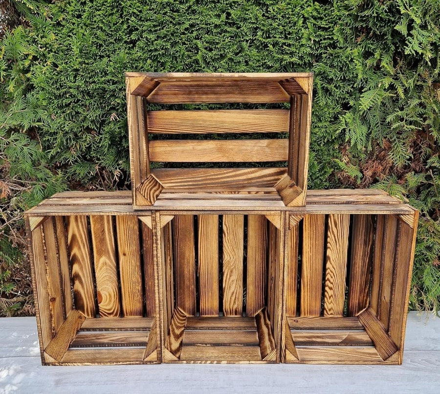 4 x Burnt Effect Wooden Crates 29x23x39cm Rustic Decorative Storage Box - Kwikley