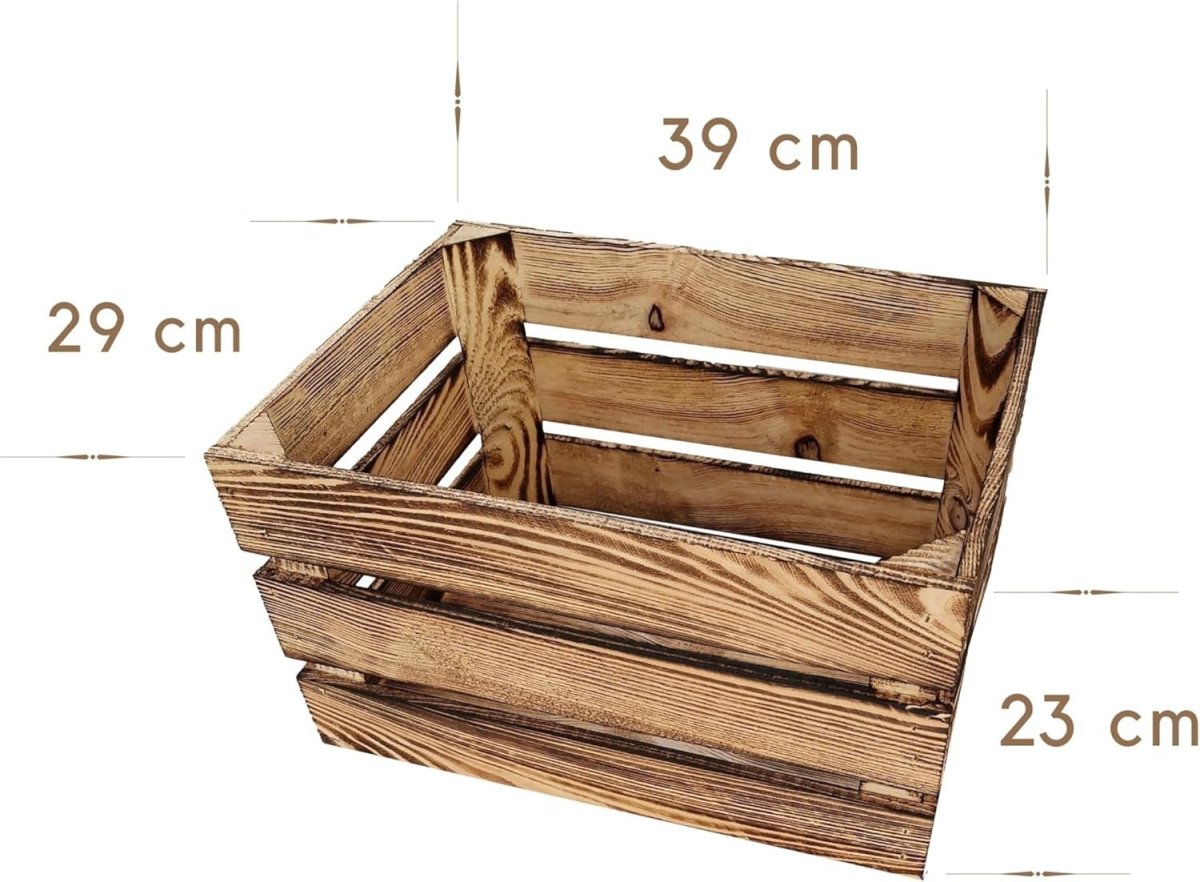 4 x Burnt Effect Wooden Crates 29x23x39cm Rustic Decorative Storage Box - Kwikley
