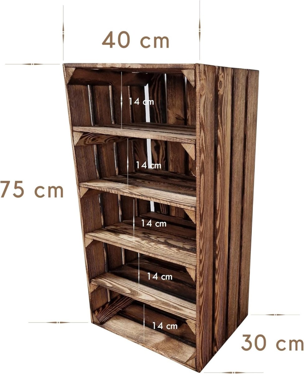 4 x Burnt Effect Wooden Crates with 4 - Tier Shelves 40x30x75cm Rustic - Kwikley