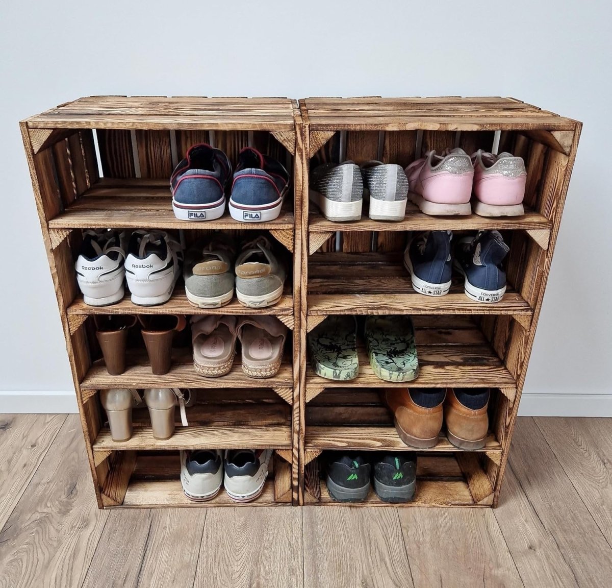 4 x Burnt Effect Wooden Crates with 4 - Tier Shelves 40x30x75cm Rustic - Kwikley