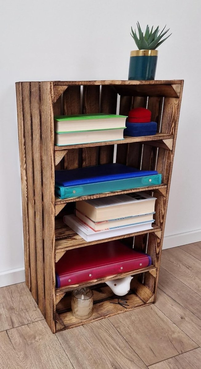 4 x Burnt Effect Wooden Crates with 4 - Tier Shelves 40x30x75cm Rustic - Kwikley