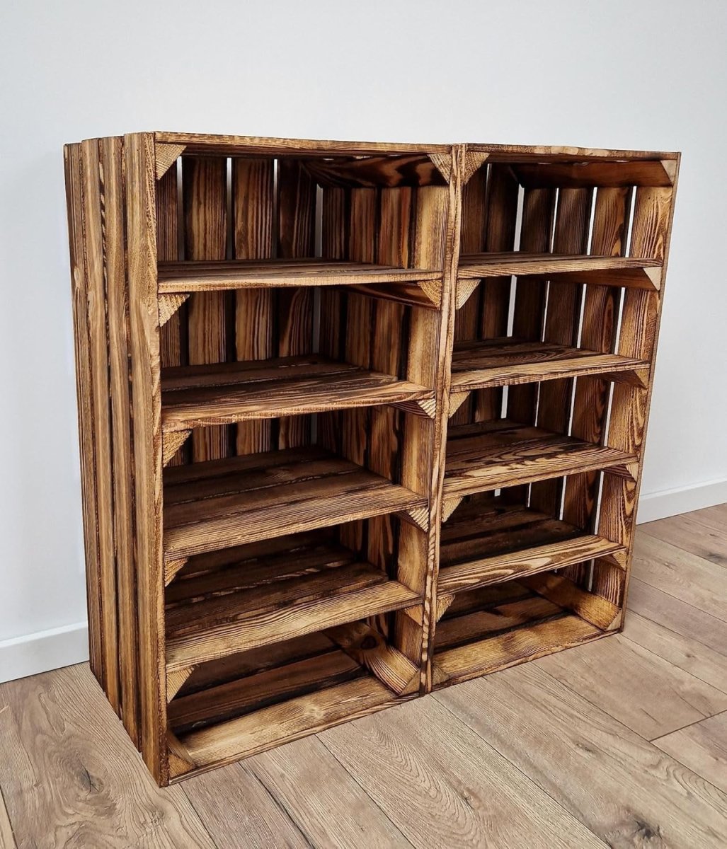4 x Burnt Effect Wooden Crates with 4 - Tier Shelves 40x30x75cm Rustic - Kwikley
