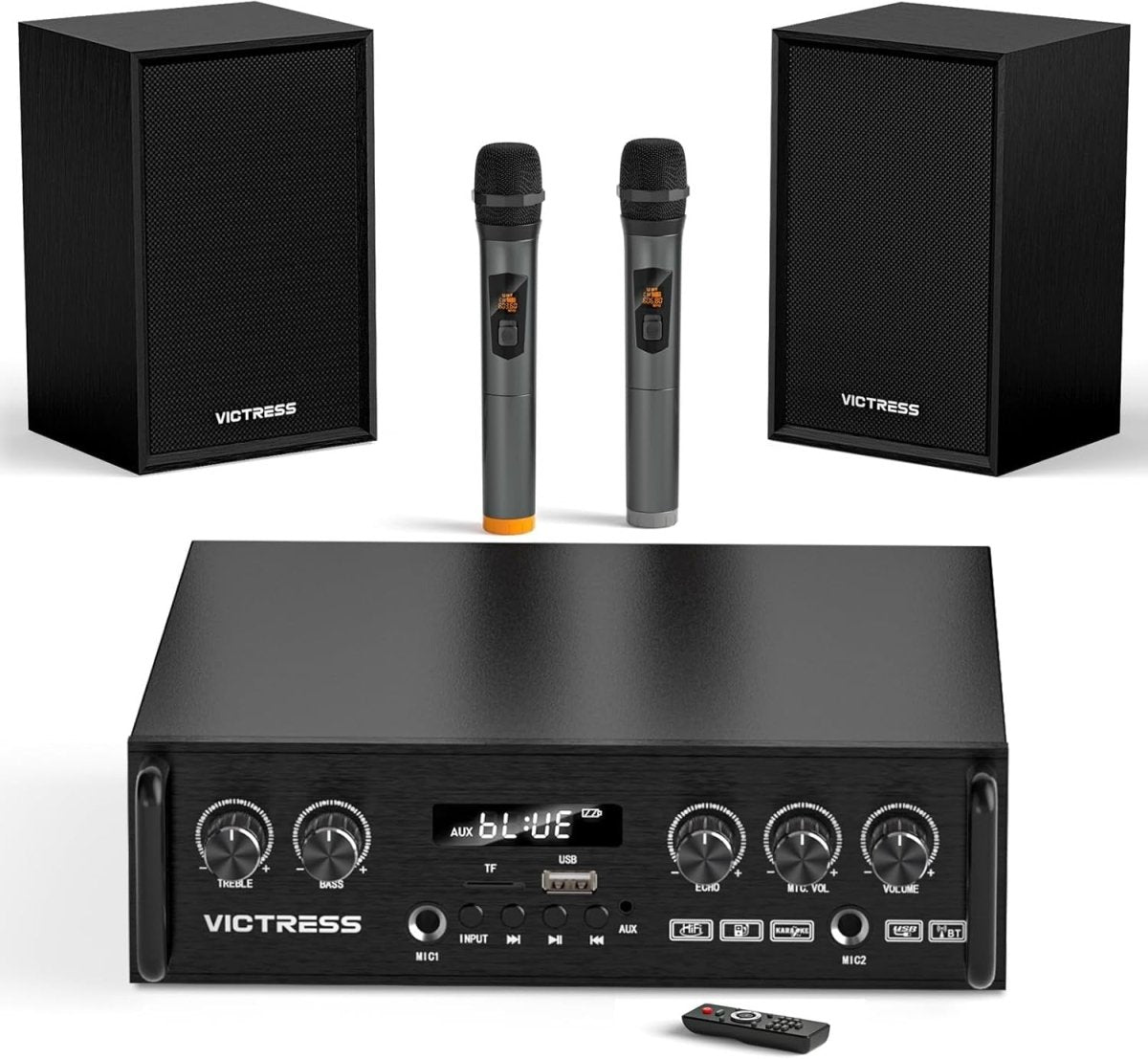 400W Bluetooth Home Audio Amplifier System w/ 2 Wireless Mics – Black - Kwikley