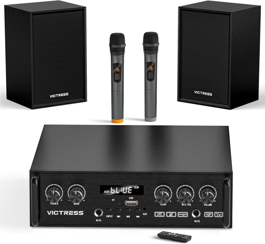 400W Bluetooth Home Audio Amplifier System w/ 2 Wireless Mics – Black - Kwikley