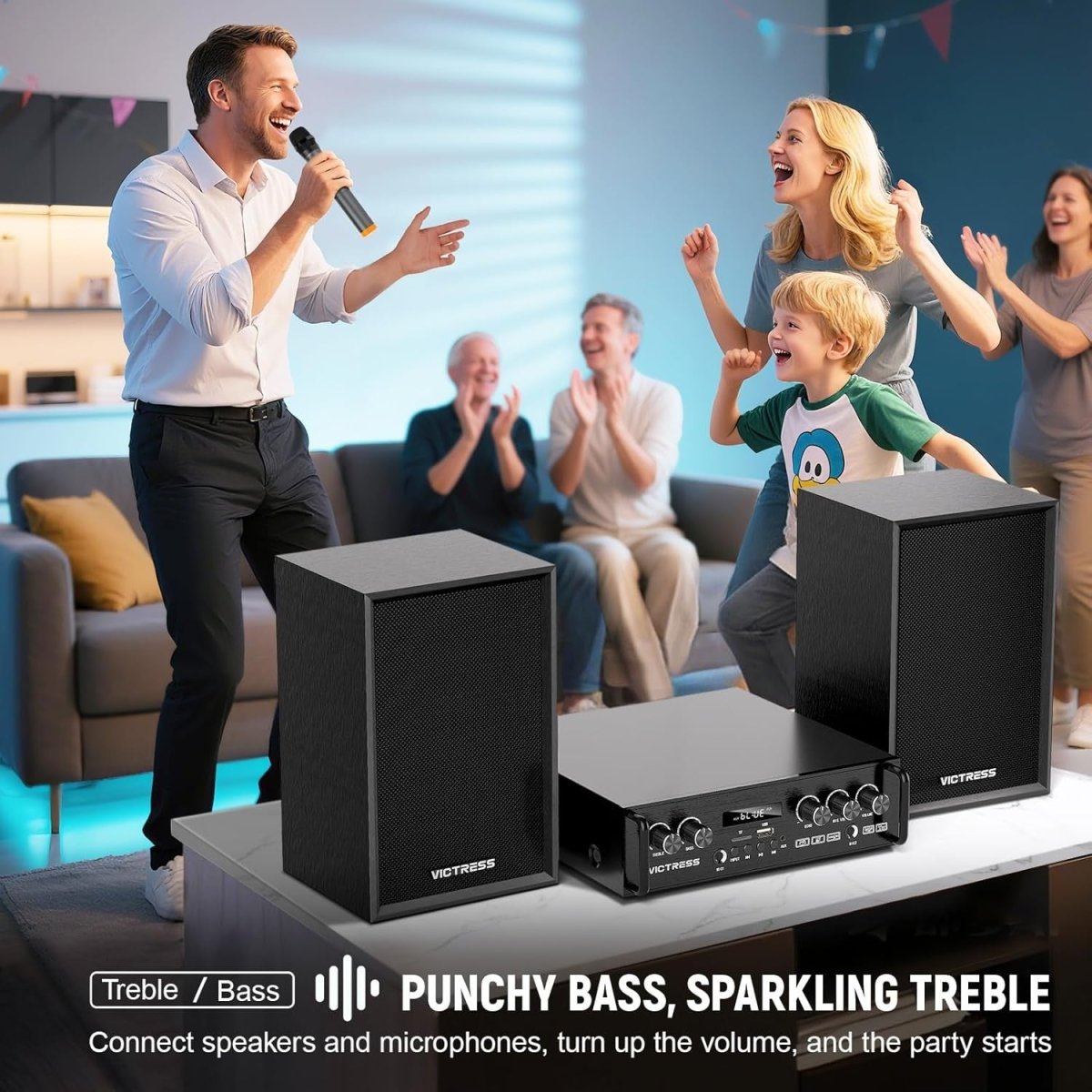 400W Bluetooth Home Audio Amplifier System w/ 2 Wireless Mics – Black - Kwikley