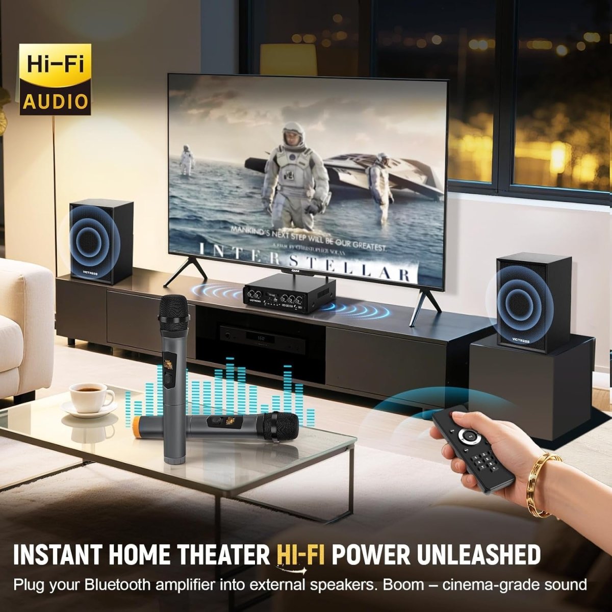 400W Bluetooth Home Audio Amplifier System w/ 2 Wireless Mics – Black - Kwikley